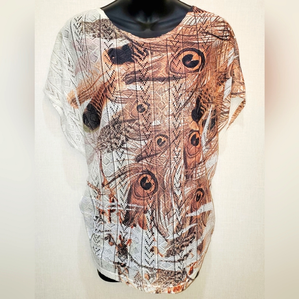 Boho Peacock Feather Runch Size Sheer Women  Top Plus 2X